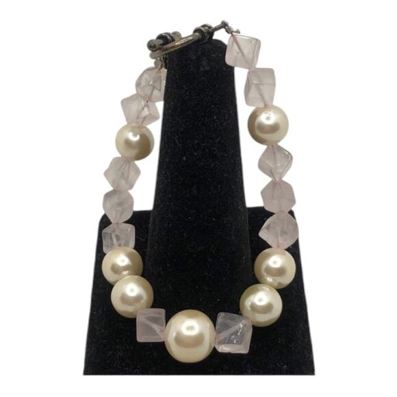 Handmade Vintage Inspired Faux Pearl Pink Gemstones Necklace & Two Bracelets Set - Picture 6 of 16